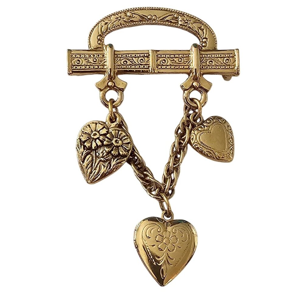 1928 Brand Bar Pin Heart Chain Dangle Brooch Locket Pin J522 - Picture 1 of 8